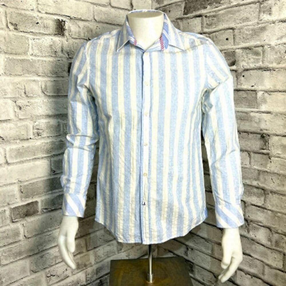 John Lennon by English Laundry Blue Silver Striped Flip Cuff Button Down Shirt